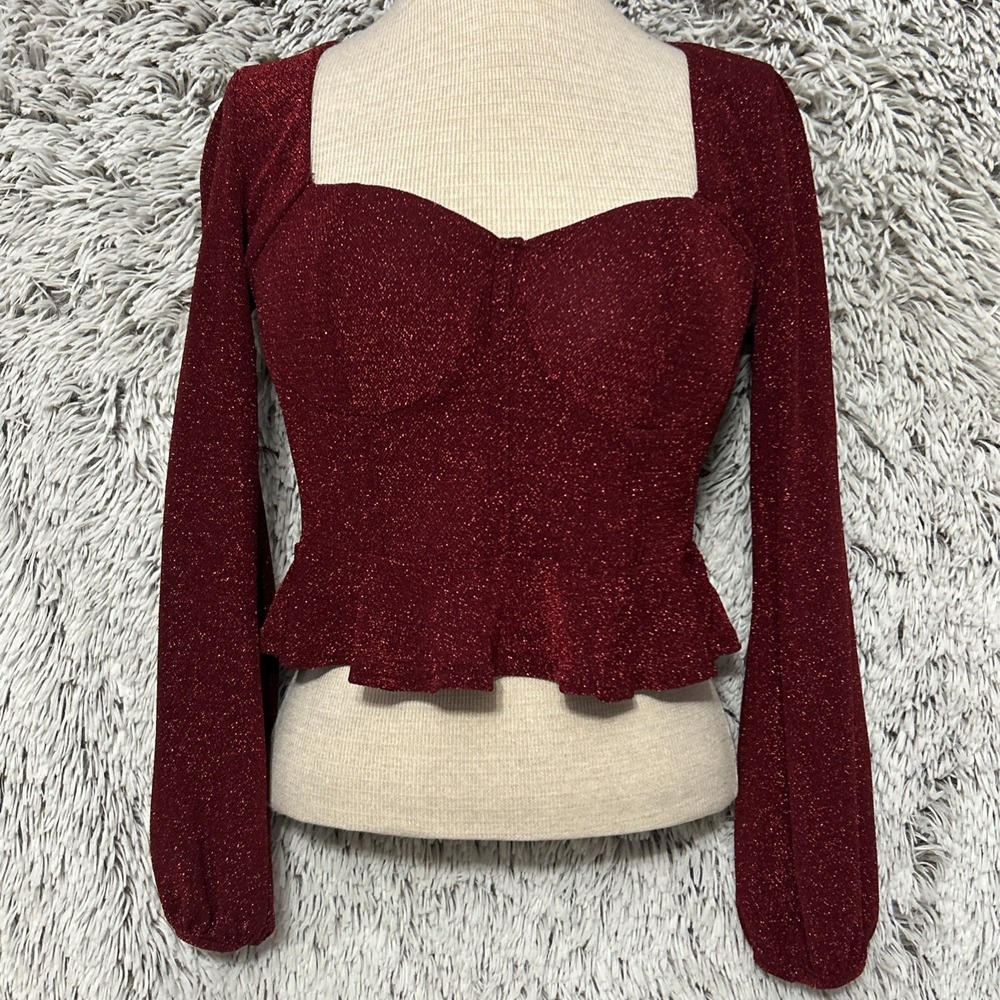 Sparkly Red Crop Peplum Top Glam Clubwear Y2K‎ Shimmer Shirt Milk & Honey